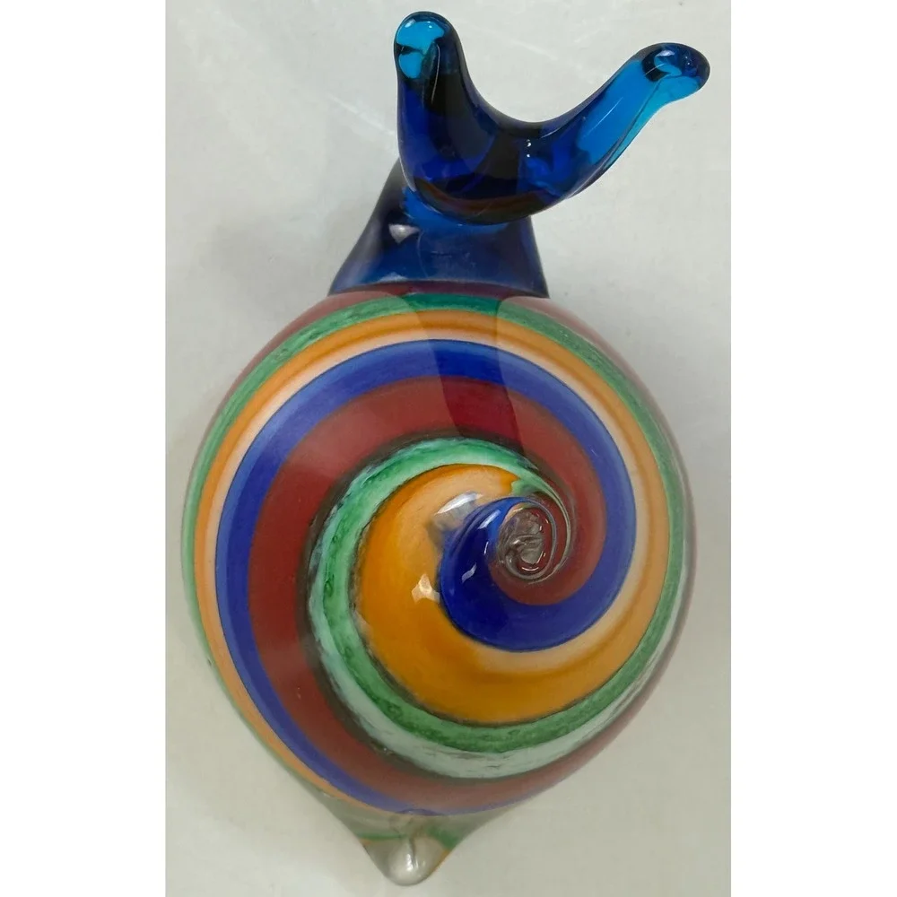 Large Art Glass Snail Paperweight Colorful Striped Hand Blown Murano Style Vtg